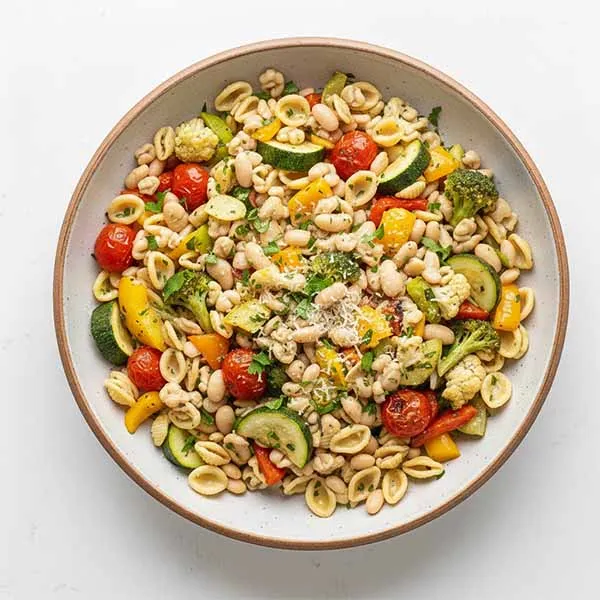 Pasta Primavera With White Beans & Oven Roasted Vegetable